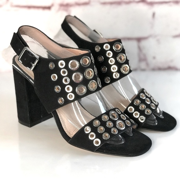 TOPSHOP Black Suede Silver Grommet Block Heel Ankle Strap Slingback Heel NWT 9.5 - Picture 1 of 16